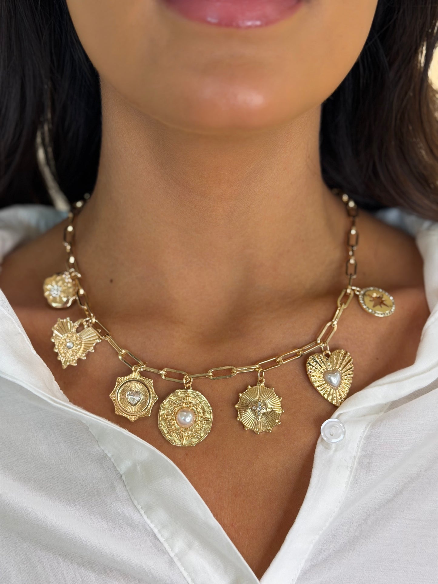 Pearl Accent Vintage Heart Coin Charm Necklace