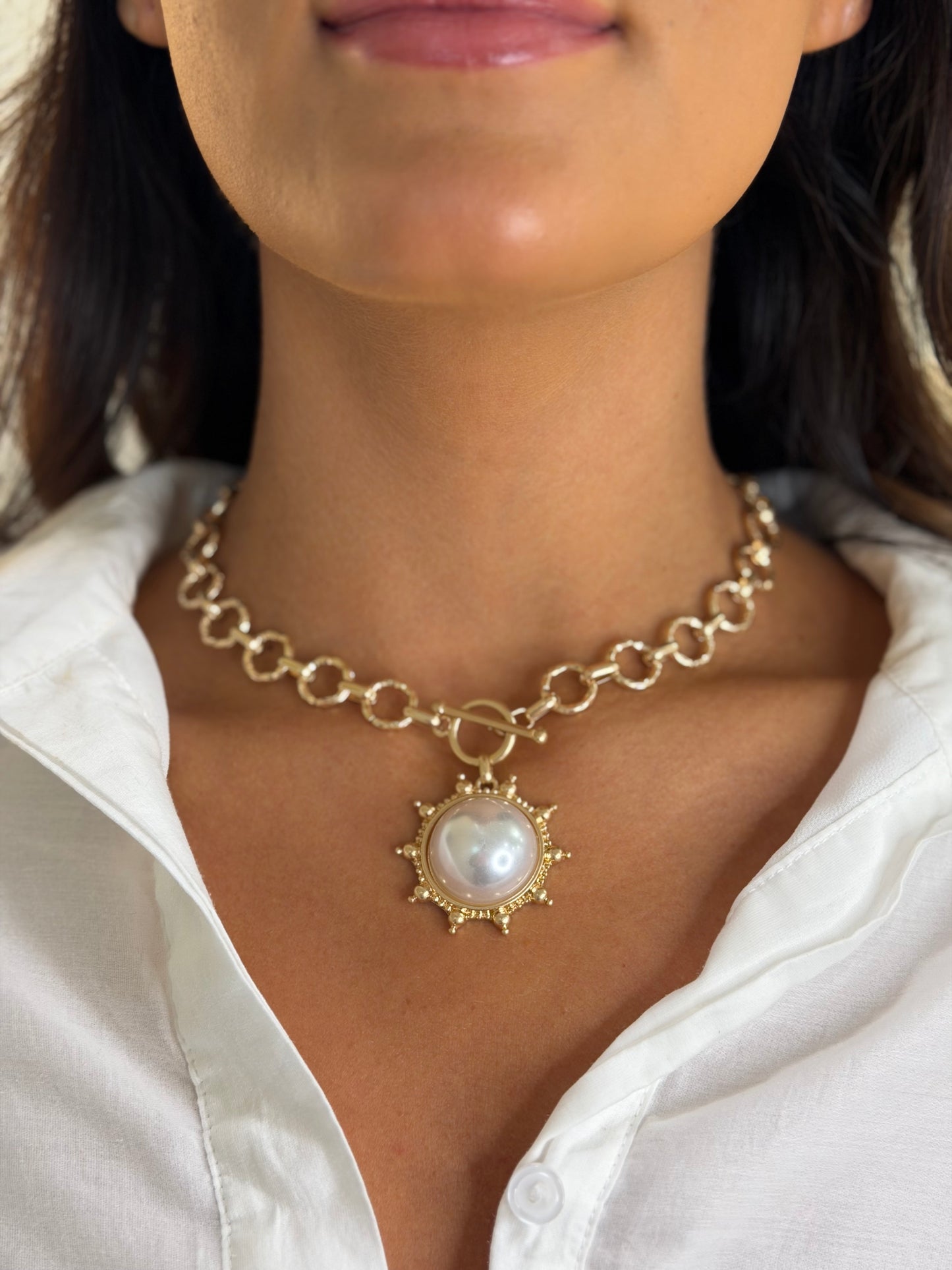 Pearl Center Sunburst Toggle Pendant Necklace