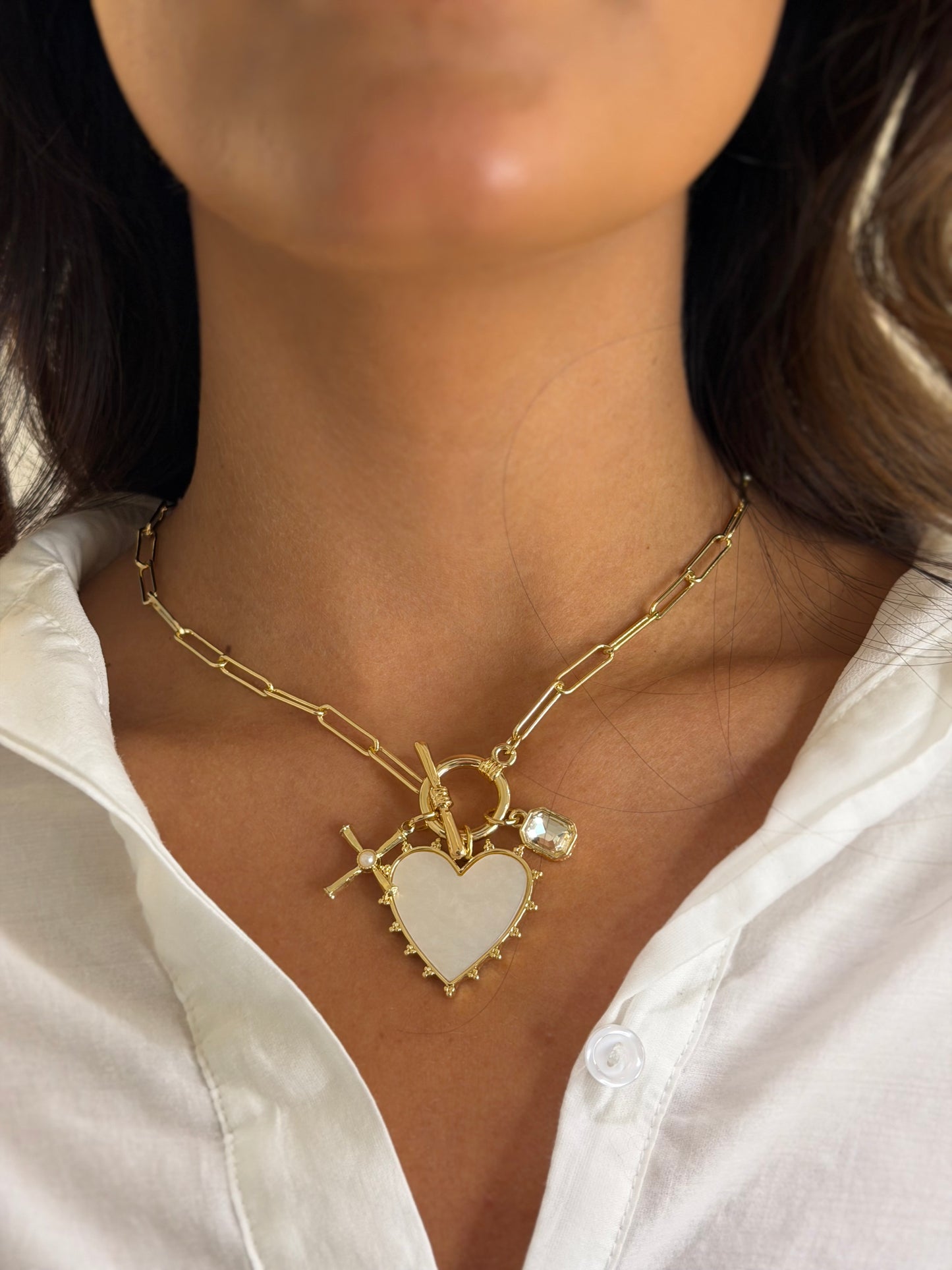 Mother of Pearl Heart & Cross Pendant Necklace with Rectangular Stone Charm