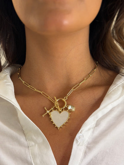 Mother of Pearl Heart & Cross Pendant Necklace with Rectangular Stone Charm