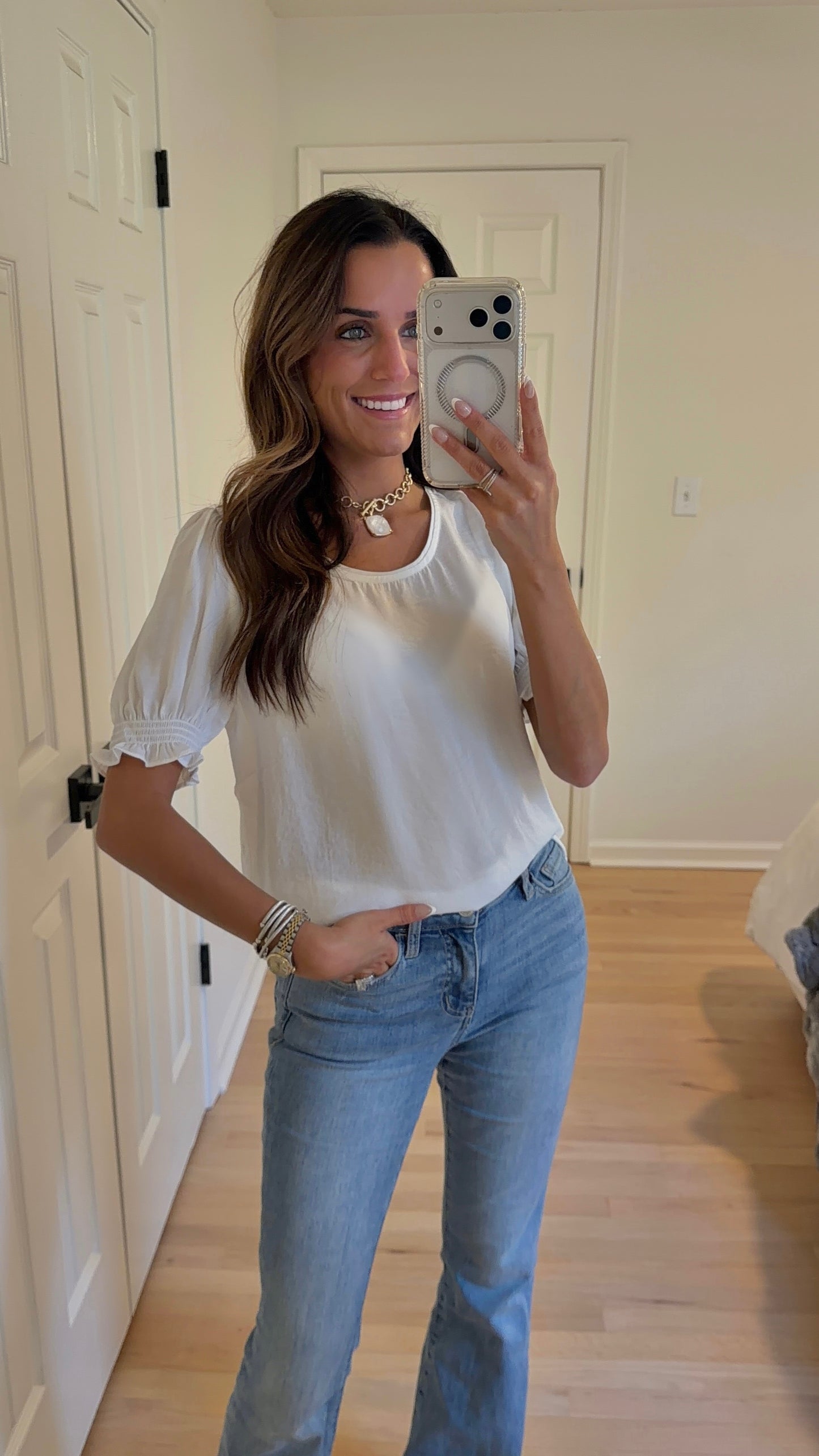 Smocked Sleeve Round Neck Top - Off White
