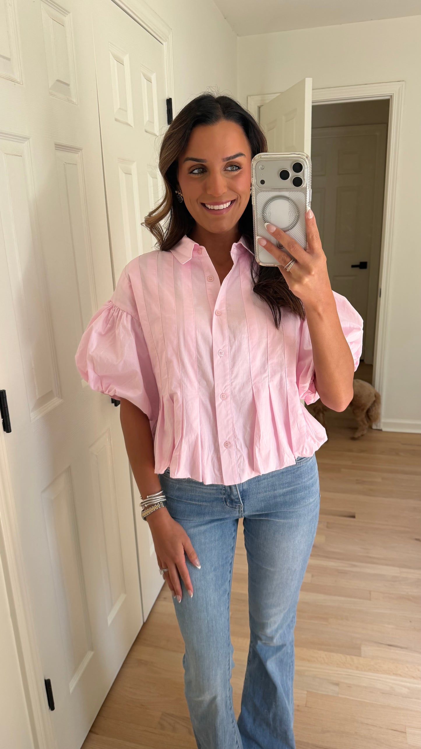 Blush Bubble Sleeve Pleated Top