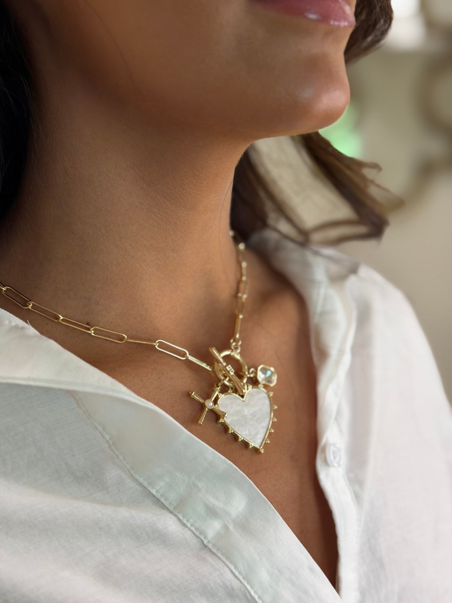 Mother of Pearl Heart & Cross Pendant Necklace with Rectangular Stone Charm