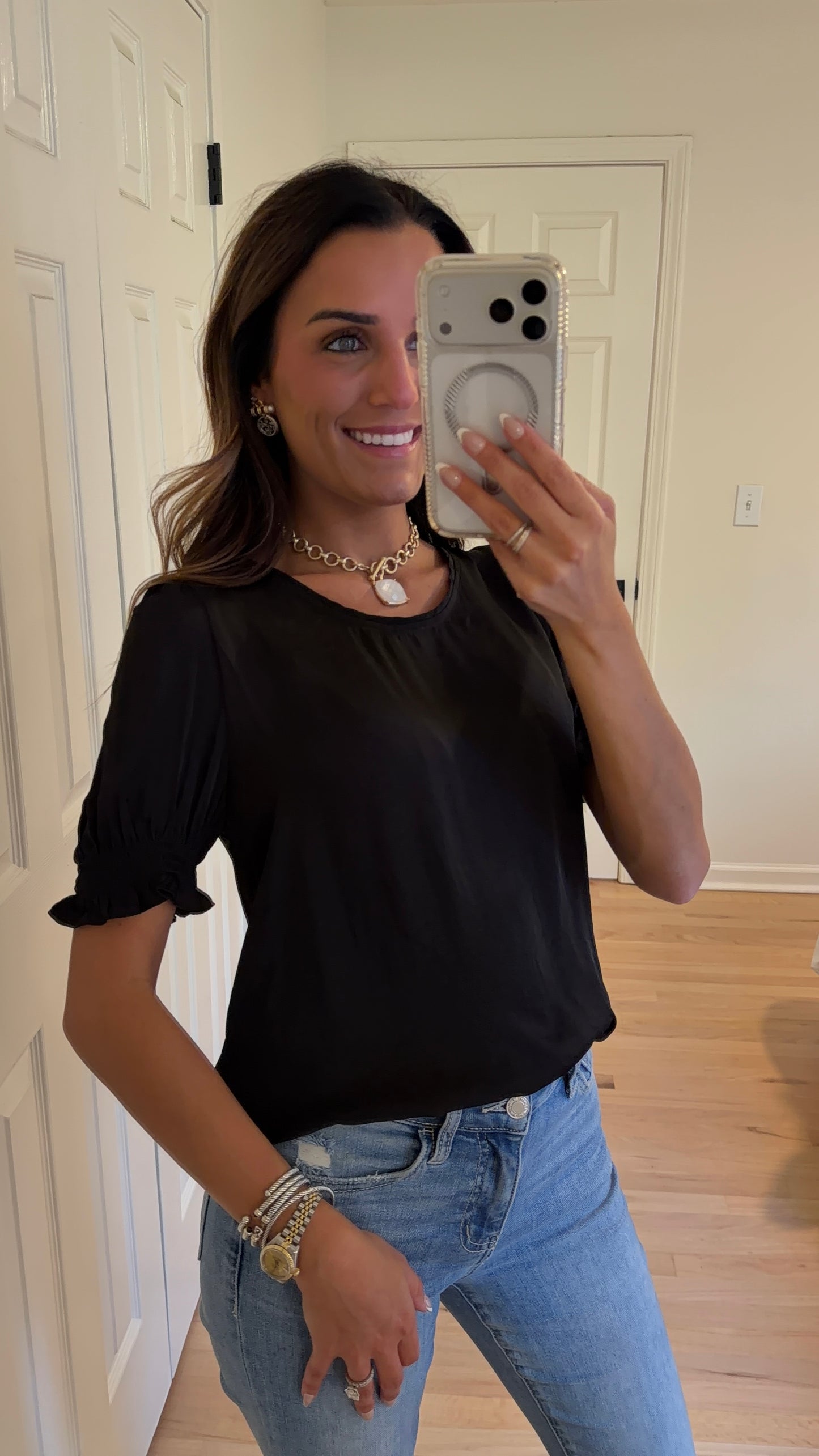 Smocked Sleeve Round Neck Top - Black