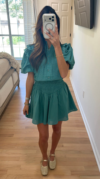 Pintuck Mini Dress - Teal