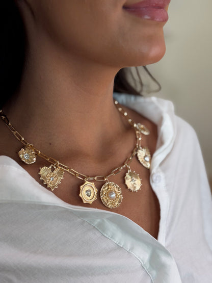 Pearl Accent Vintage Heart Coin Charm Necklace