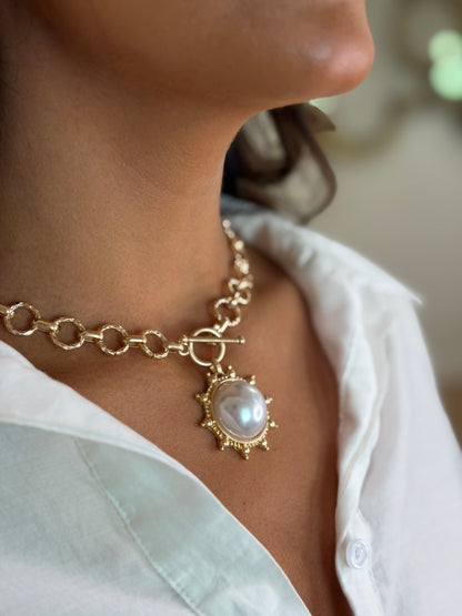 Pearl Center Sunburst Toggle Pendant Necklace