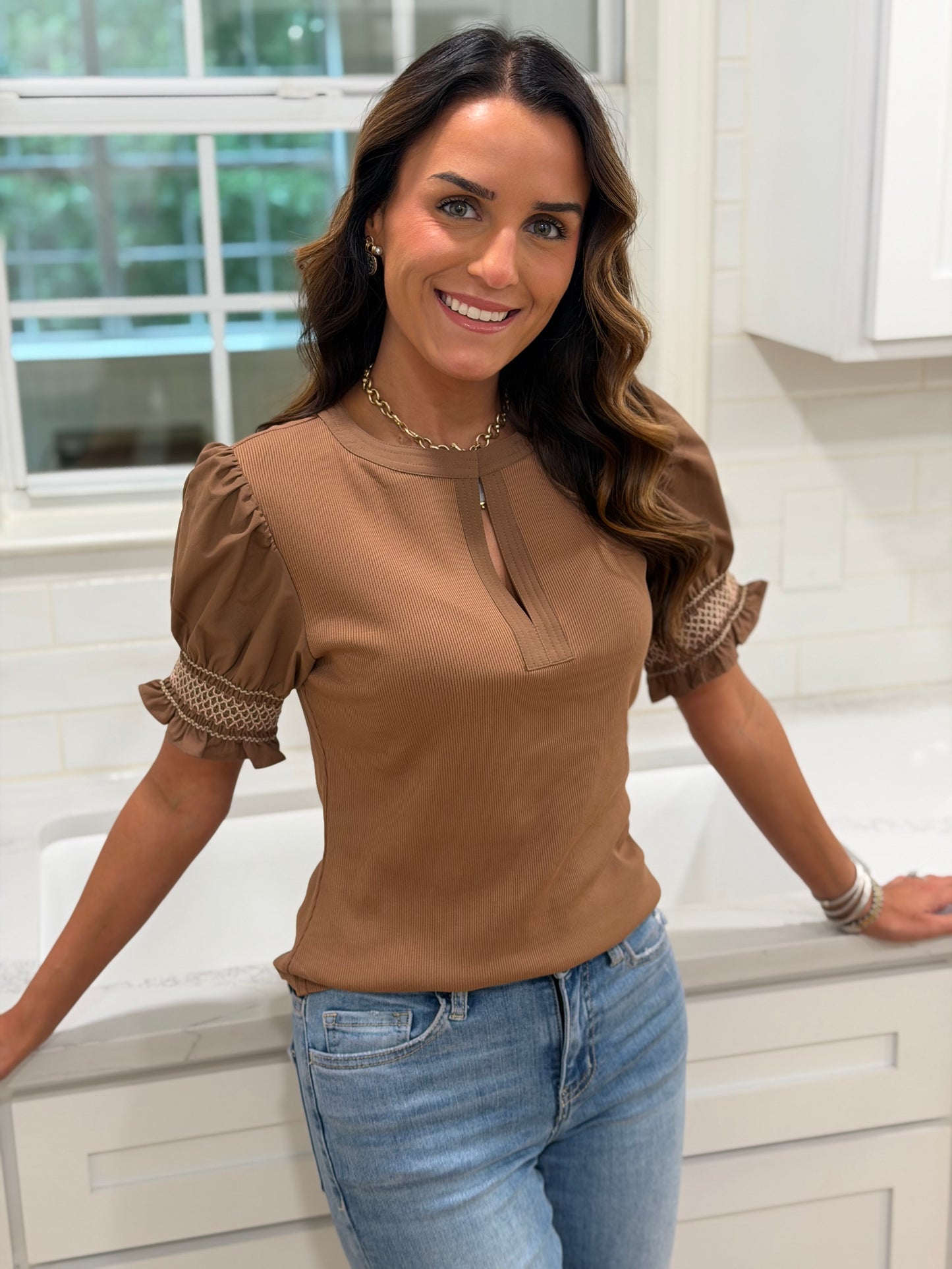 Mocha Smocked Sleeve Top